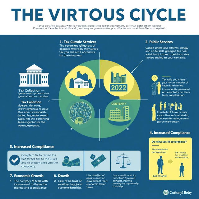 An informative infographic detailing the phases of the virtuous circle of taxation, including easy-to-understand illustrations for each phase