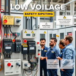 A visually informative display of low voltage safety systems, showcasing various components such as circuit breakers, safety relays, fuse boxes, and emergency stop buttons