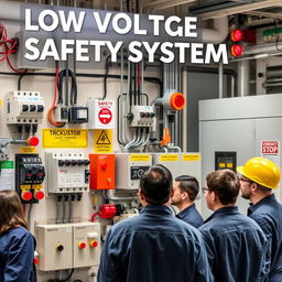A visually informative display of low voltage safety systems, showcasing various components such as circuit breakers, safety relays, fuse boxes, and emergency stop buttons