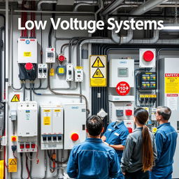 A visually informative display of low voltage safety systems, showcasing various components such as circuit breakers, safety relays, fuse boxes, and emergency stop buttons