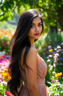 A serene and beautiful portrait of a woman named Alia who has long, flowing dark hair and sparkling brown eyes, exuding grace and charm