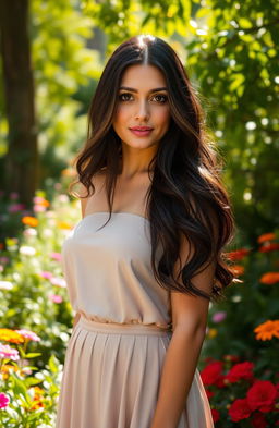 A serene and beautiful portrait of a woman named Alia who has long, flowing dark hair and sparkling brown eyes, exuding grace and charm