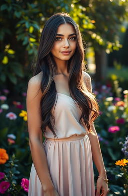 A serene and beautiful portrait of a woman named Alia who has long, flowing dark hair and sparkling brown eyes, exuding grace and charm
