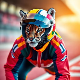 A dynamic and stylish puma wearing a sleek racing helmet, showcasing a sense of speed and agility