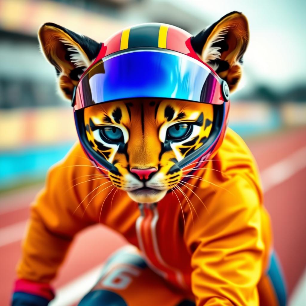 A dynamic and stylish puma wearing a sleek racing helmet, showcasing a sense of speed and agility