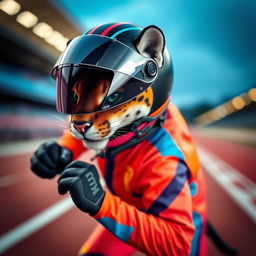 A dynamic and stylish puma wearing a sleek racing helmet, showcasing a sense of speed and agility