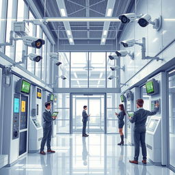 A detailed and visually captivating illustration of a futuristic safety system in a modern building