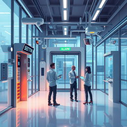 A detailed and visually captivating illustration of a futuristic safety system in a modern building