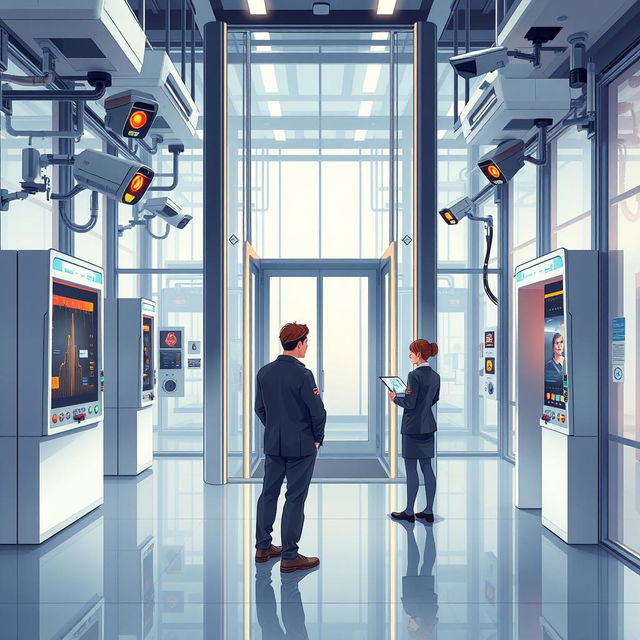 A detailed and visually captivating illustration of a futuristic safety system in a modern building