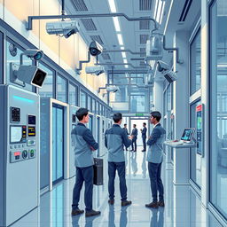 A detailed and visually captivating illustration of a futuristic safety system in a modern building