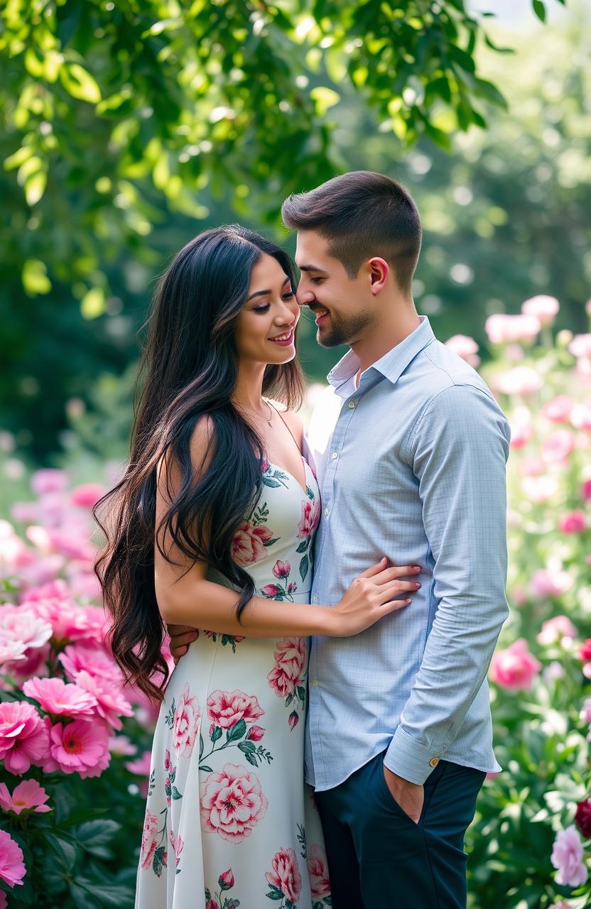 A captivating portrait of a couple named Alia and Stefan, standing closely together with affection in their eyes