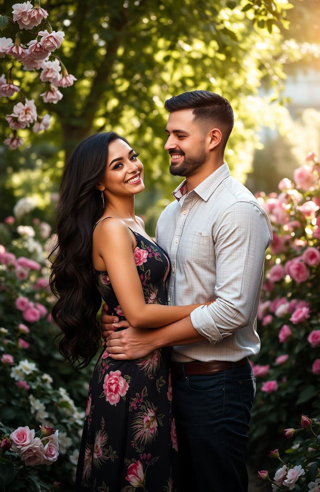 A captivating portrait of a couple named Alia and Stefan, standing closely together with affection in their eyes