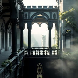 A breathtaking view of a castle balcony featuring majestic old pillars, exuding a magical and enchanting atmosphere