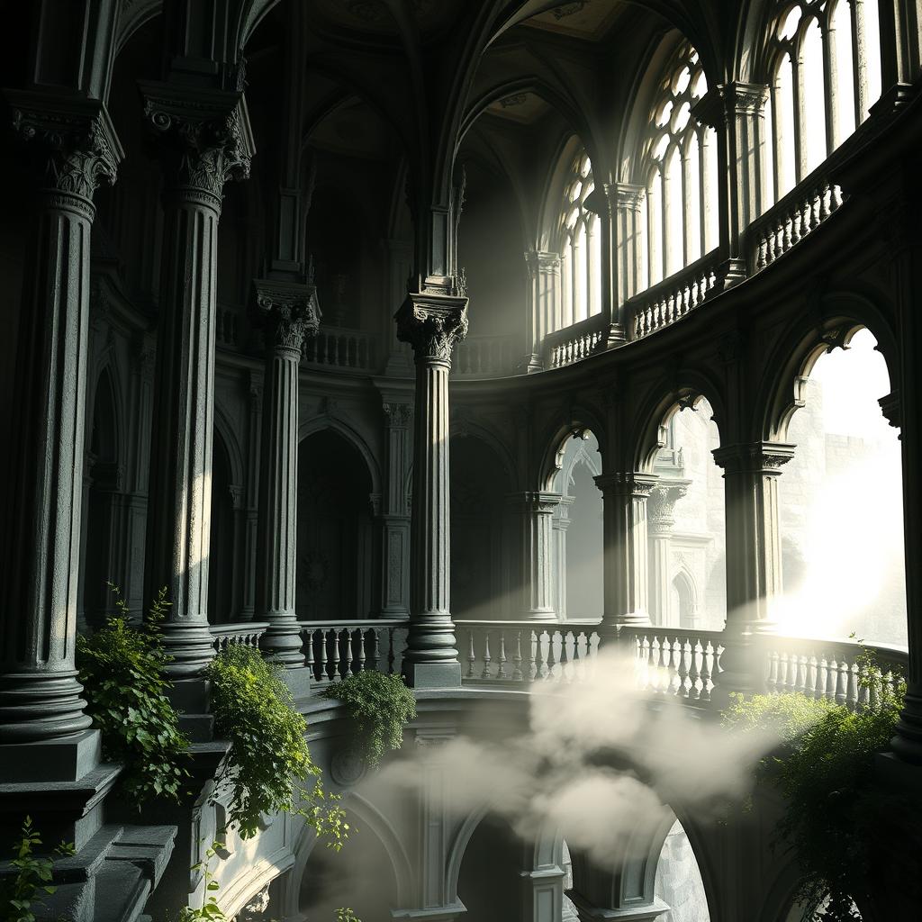 A breathtaking view of a castle balcony featuring majestic old pillars, exuding a magical and enchanting atmosphere