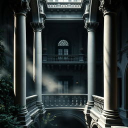 A breathtaking view of a castle balcony featuring majestic old pillars, exuding a magical and enchanting atmosphere