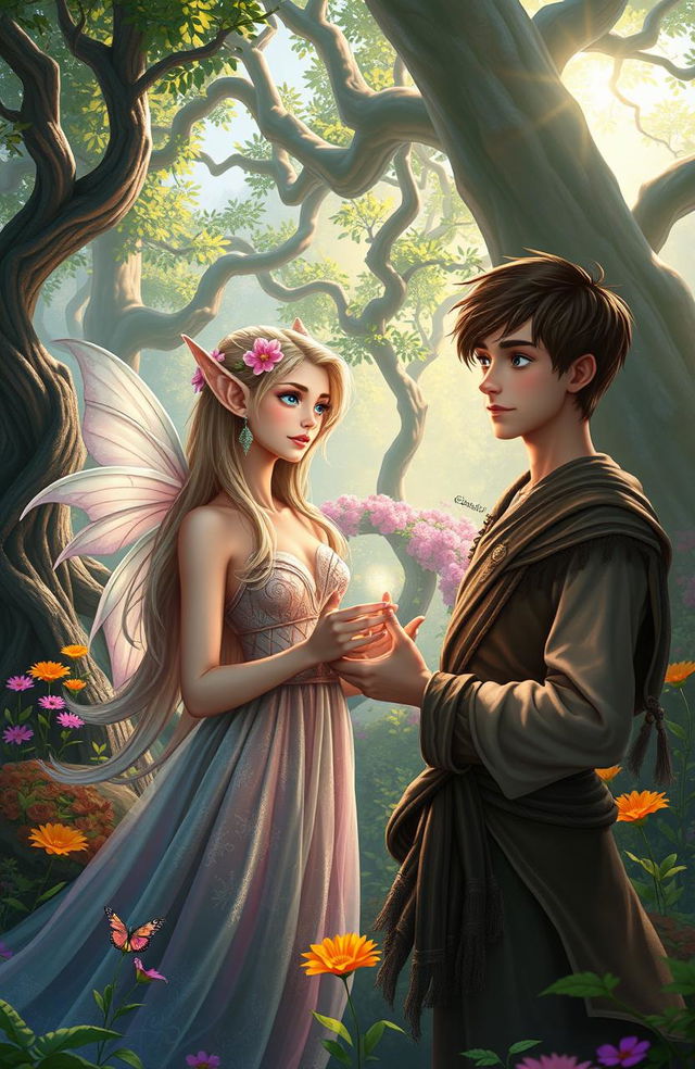 A magical scene depicting an elf and a human in a lush, enchanted forest