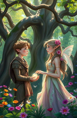 A magical scene depicting an elf and a human in a lush, enchanted forest