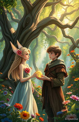 A magical scene depicting an elf and a human in a lush, enchanted forest