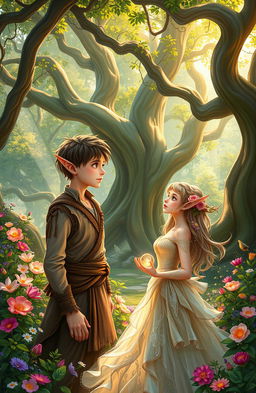 A magical scene depicting an elf and a human in a lush, enchanted forest
