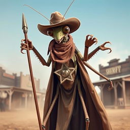 A four-armed humanoid praying mantis styled as an Old West sheriff, adorned with a shiny sheriff badge on its chest