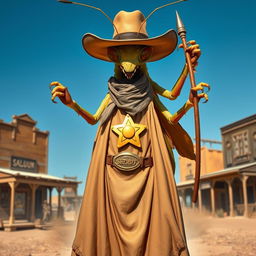 A four-armed humanoid praying mantis styled as an Old West sheriff, adorned with a shiny sheriff badge on its chest