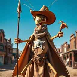 A four-armed humanoid praying mantis styled as an Old West sheriff, adorned with a shiny sheriff badge on its chest