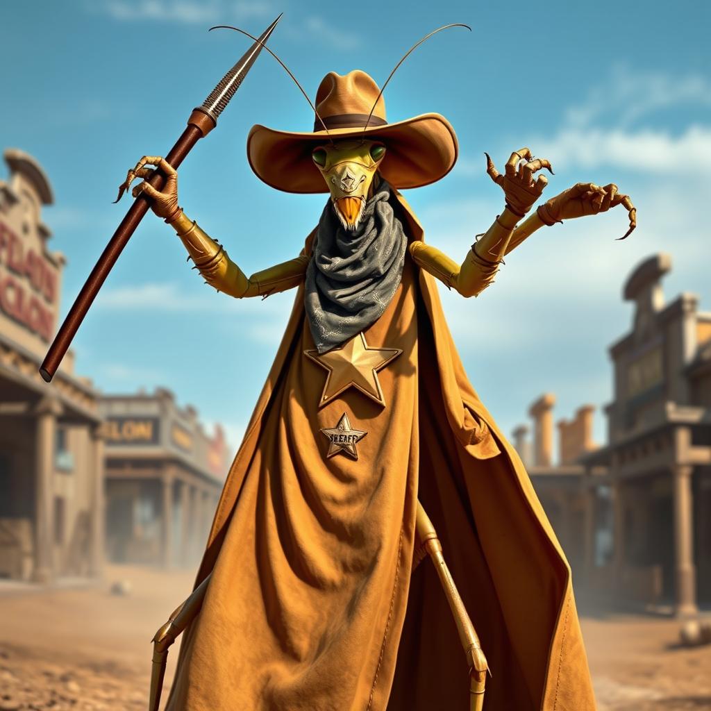 A four-armed humanoid praying mantis styled as an Old West sheriff, adorned with a shiny sheriff badge on its chest