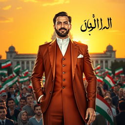 A powerful and charismatic figure, elegantly dressed in a traditional Iranian suit, standing proud in front of a grand architectural backdrop resembling the historic Golestan Palace in Tehran