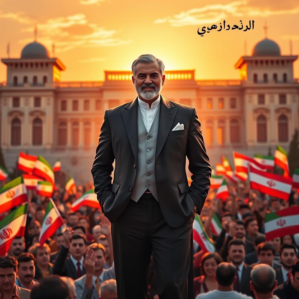 A powerful and charismatic figure, elegantly dressed in a traditional Iranian suit, standing proud in front of a grand architectural backdrop resembling the historic Golestan Palace in Tehran