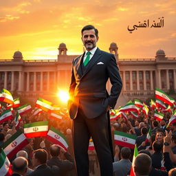 A powerful and charismatic figure, elegantly dressed in a traditional Iranian suit, standing proud in front of a grand architectural backdrop resembling the historic Golestan Palace in Tehran
