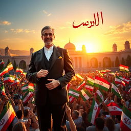 A powerful and charismatic figure, elegantly dressed in a traditional Iranian suit, standing proud in front of a grand architectural backdrop resembling the historic Golestan Palace in Tehran