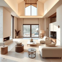 A serene and modern interior design featuring a minimalist aesthetic with soft cream and brown colors