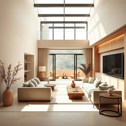 A serene and modern interior design featuring a minimalist aesthetic with soft cream and brown colors