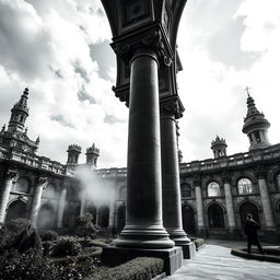 A stunning view of a castle featuring grand old pillars, emanating a magical and enchanting aura