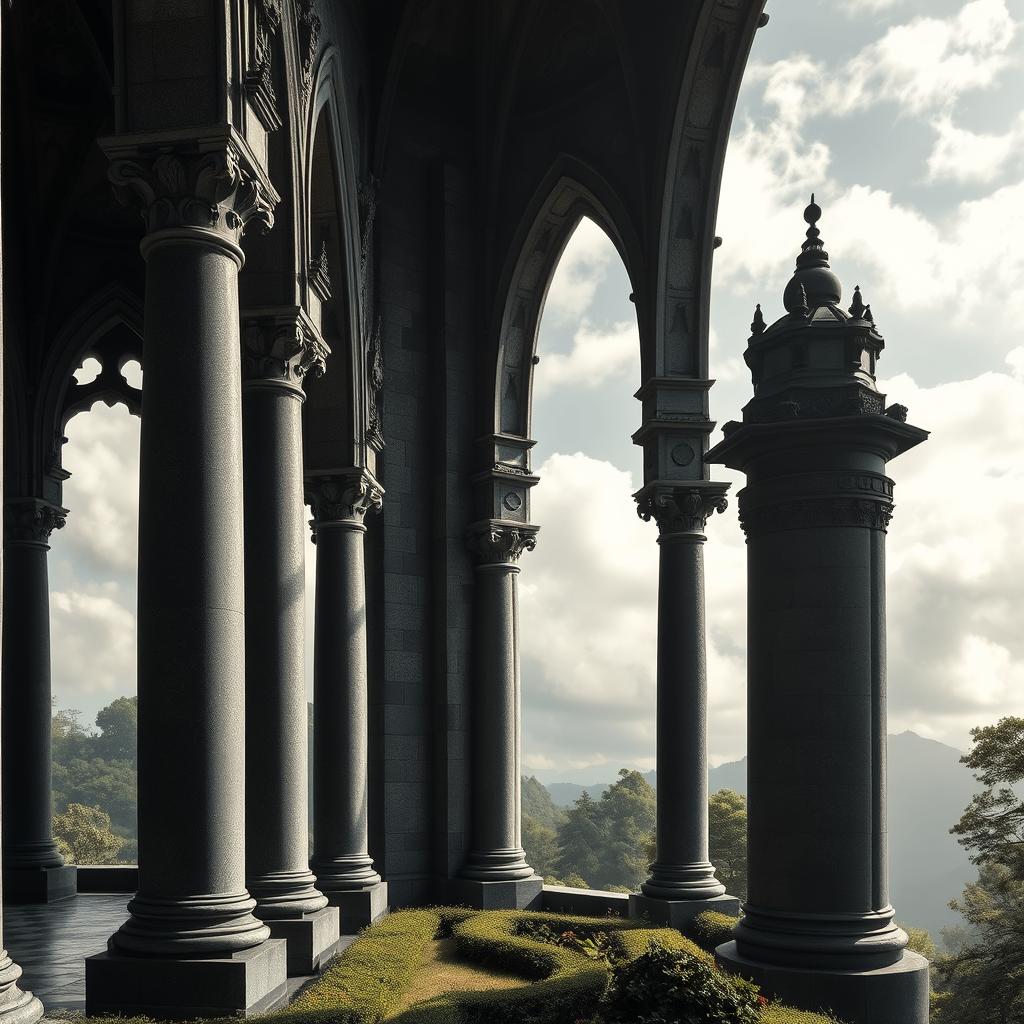 A stunning view of a castle featuring grand old pillars, emanating a magical and enchanting aura