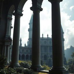 A stunning view of a castle featuring grand old pillars, emanating a magical and enchanting aura