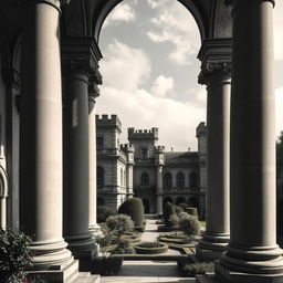 A stunning view of a castle featuring grand old pillars, emanating a magical and enchanting aura