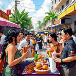 A vibrant and colorful depiction of contemporary Filipino culture, showcasing a bustling street market filled with exotic Filipino street food like hotdogs on sticks, balut, and halo-halo