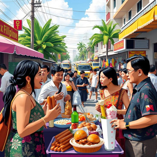 A vibrant and colorful depiction of contemporary Filipino culture, showcasing a bustling street market filled with exotic Filipino street food like hotdogs on sticks, balut, and halo-halo