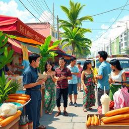 A vibrant and colorful depiction of contemporary Filipino culture, showcasing a bustling street market filled with exotic Filipino street food like hotdogs on sticks, balut, and halo-halo