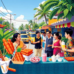 A vibrant and colorful depiction of contemporary Filipino culture, showcasing a bustling street market filled with exotic Filipino street food like hotdogs on sticks, balut, and halo-halo