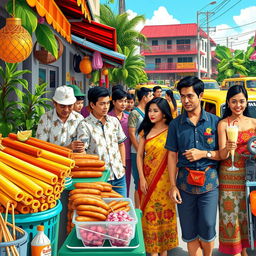 A vibrant and colorful depiction of contemporary Filipino culture, showcasing a bustling street market filled with exotic Filipino street food like hotdogs on sticks, balut, and halo-halo