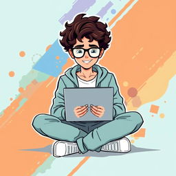 A graphic design illustration of a person with curly hair wearing stylish glasses, sitting cross-legged on the floor