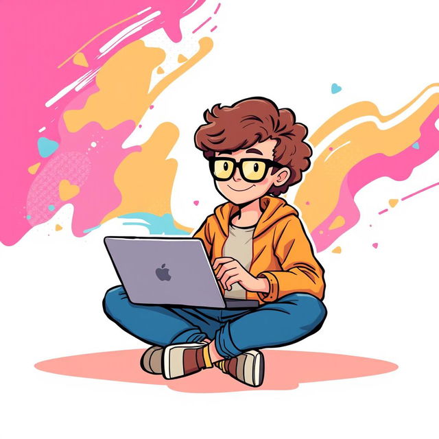 A graphic design illustration of a person with curly hair wearing stylish glasses, sitting cross-legged on the floor