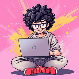 A graphic design illustration of a person with curly hair wearing stylish glasses, sitting cross-legged on the floor