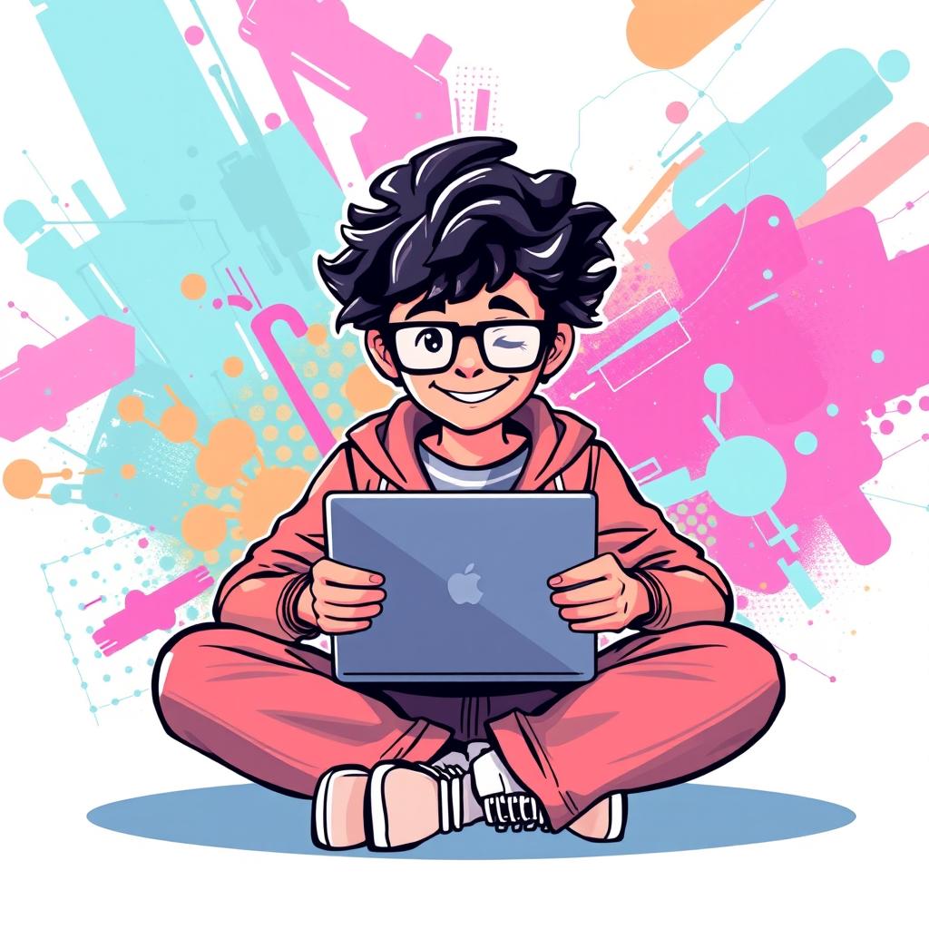 A graphic design illustration of a person with curly hair wearing stylish glasses, sitting cross-legged on the floor