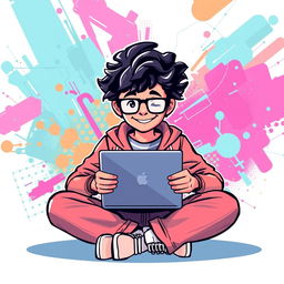 A graphic design illustration of a person with curly hair wearing stylish glasses, sitting cross-legged on the floor