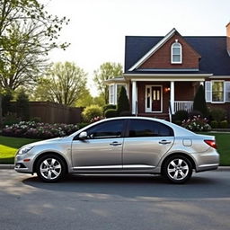 A 2011 Daewoo Leganza parked in a cozy suburban driveway, with a well-manicured lawn and blooming flower beds