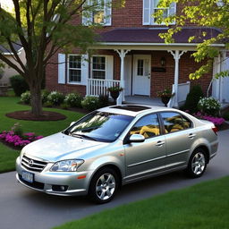 A 2011 Daewoo Leganza parked in a cozy suburban driveway, with a well-manicured lawn and blooming flower beds