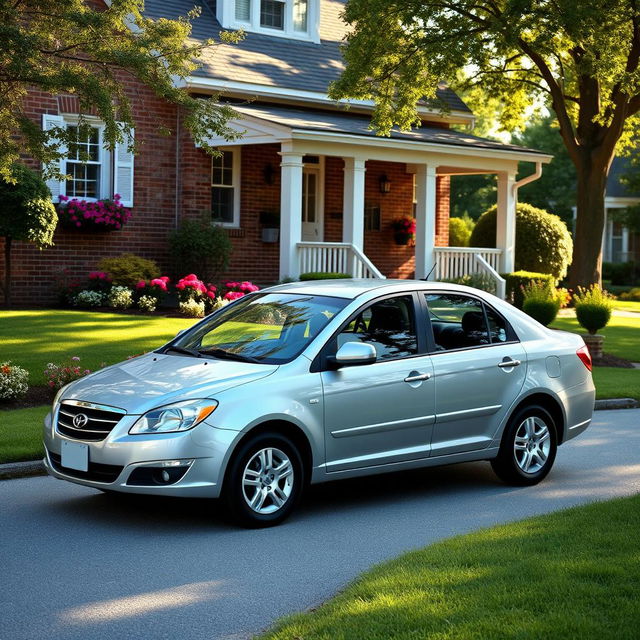 A 2011 Daewoo Leganza parked in a cozy suburban driveway, with a well-manicured lawn and blooming flower beds